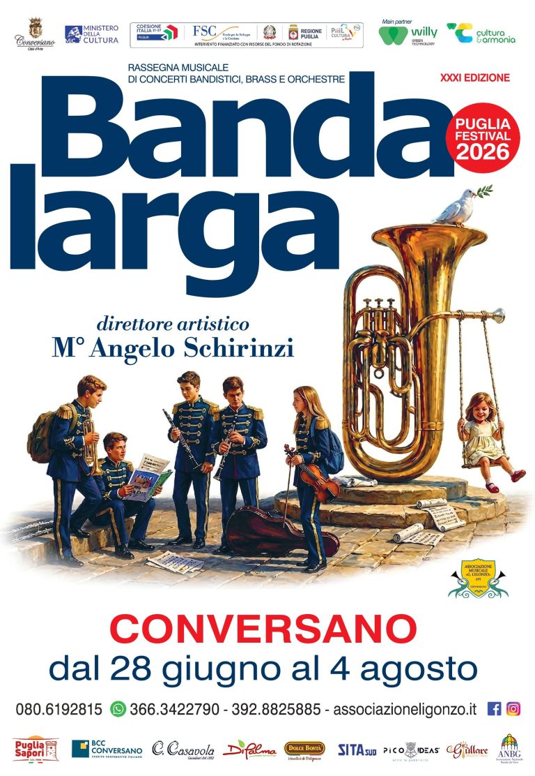 Bandalarga Puglia Festival 2026: a Conversano la XXXI edizione della rassegna musicale dedicata alla grande tradizione bandistica